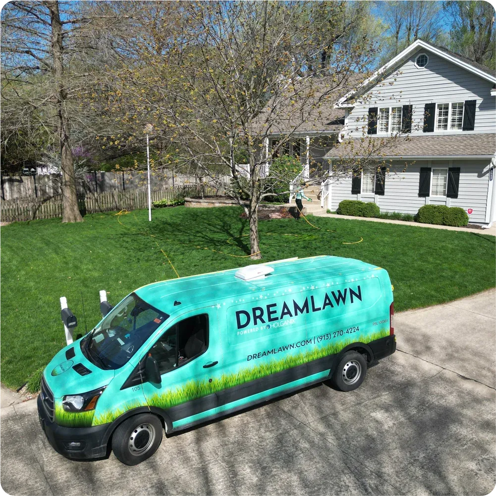 Aerial photo of DreamLawn van and customer's yard
