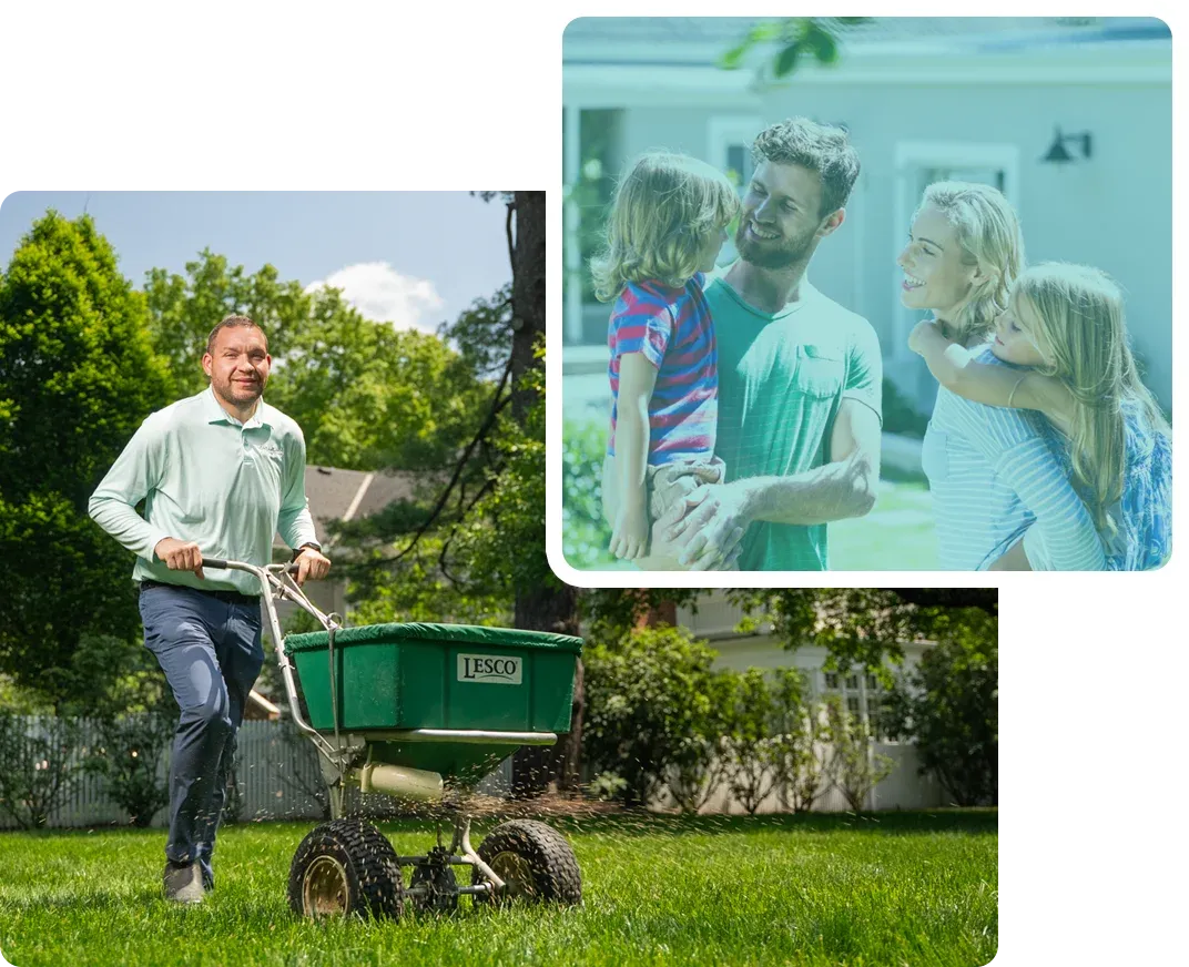 Family relaxing together in a lush, healthy backyard maintained by DreamLawn