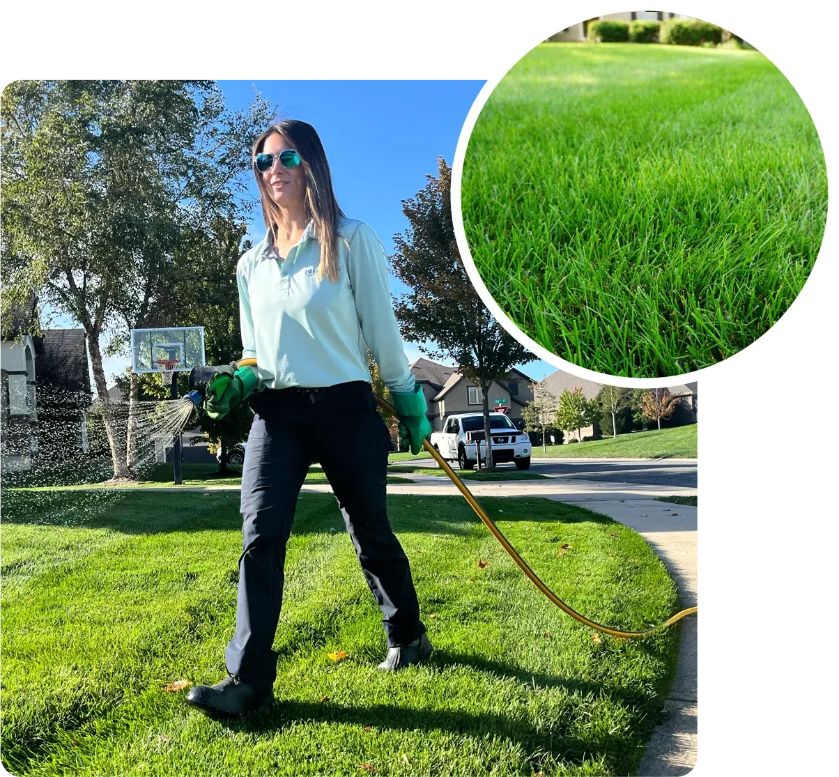 technician spraying lush green healthy lawn