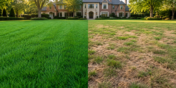 a before and after shot of a lawn
